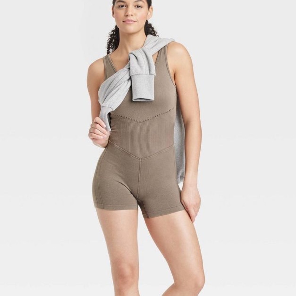 Taupe Seamless Short Active athletic workout Bodysuit, jumpsuit, onesie, romper - Picture 6 of 7